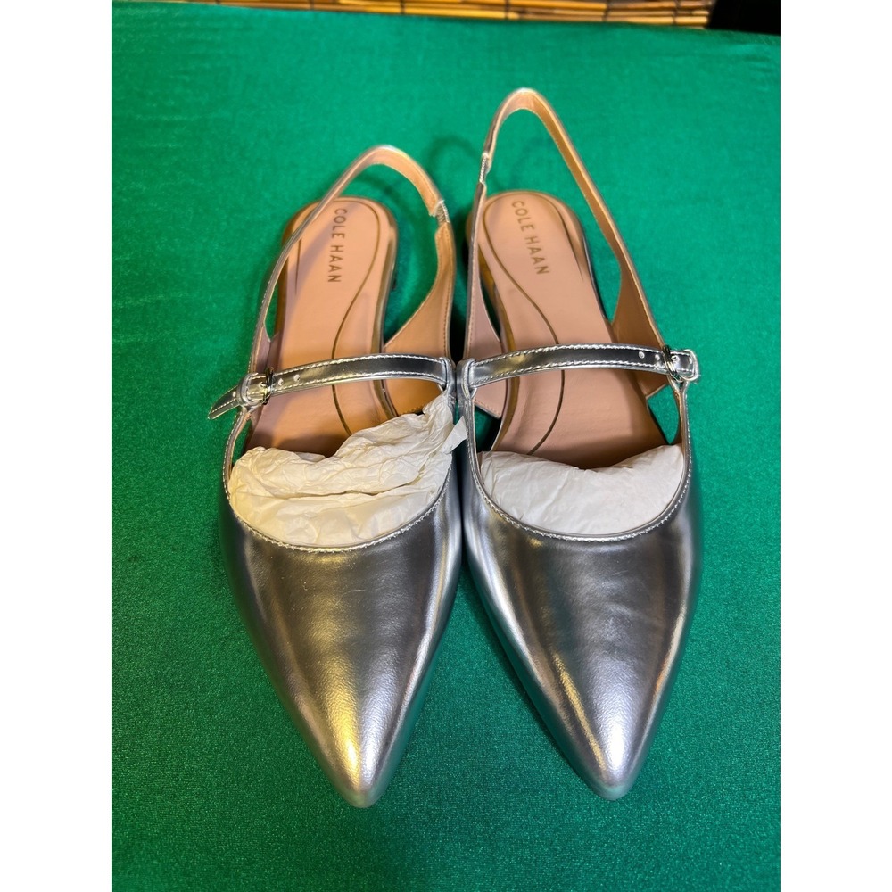 Cole Haan Size 9B Slingback Flats Silver Metallic Leather Mary Jane Pointed Toe